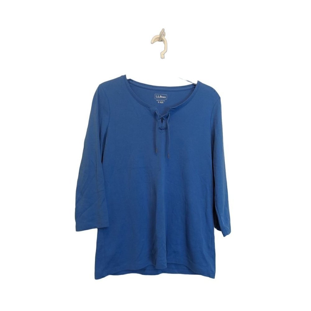 L.L.Bean Women's 3/4 Sleeve Front Tie Top Sky Blue Cotton Size Small REG